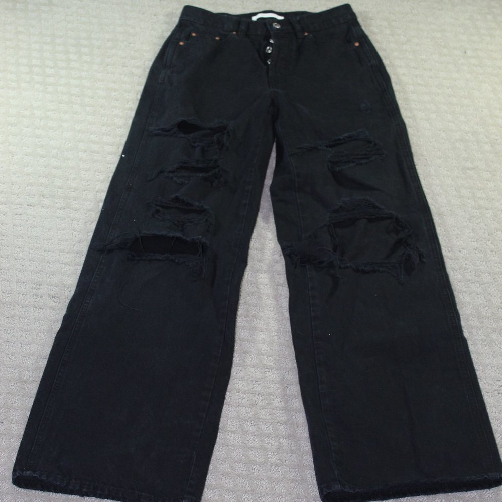 Pacsun Size 25 Black Destroyed Wide Leg Baggy Button Fly Jeans - NWOT